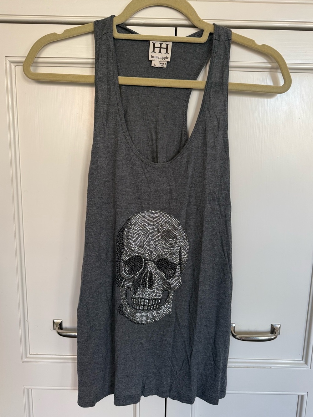 Haute Hippie Gray Tank Top with Rhinestone Skull